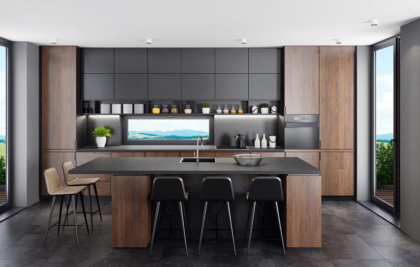 moderne dunkle Küche mit Designboden bzw. Steinboden